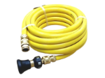 Fire Hose Assembly yellow outer cover, includes PVC fire hose, brass fittings, and heavy duty spray nozzle